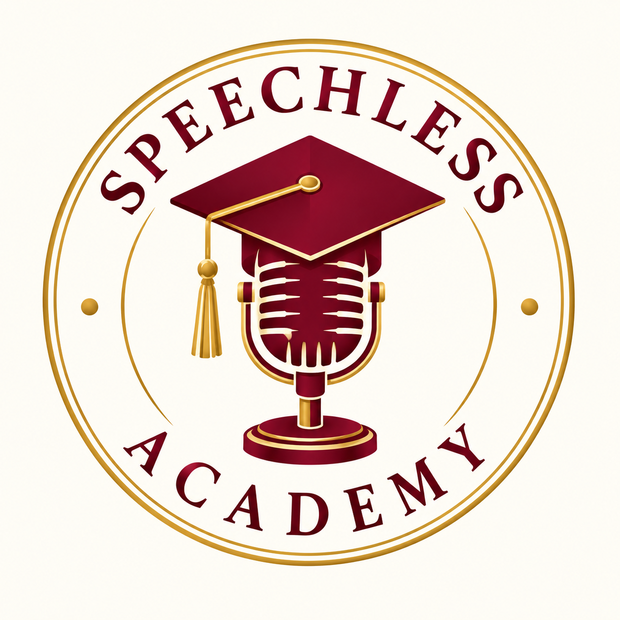 Circular badge reading 'SPEECHLESS ACADEMY' with a maroon graduation cap on a vintage microphone.