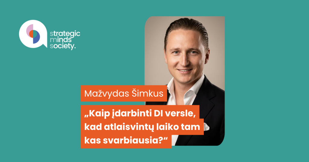 Teal hero image with Strategic Minds Society logo on the left and a portrait of Mažvydas Šimkus with orange quote ribbons on the right.