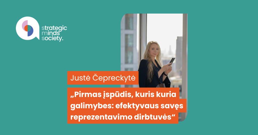 Teal hero with Strategic Minds Society logo; woman by a window with orange headline overlays in Lithuanian.