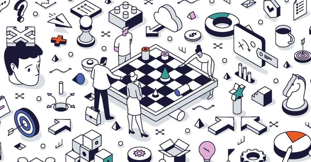 Four people gather around a large chessboard, collaborating as abstract icons float around to symbolize strategy and teamwork.