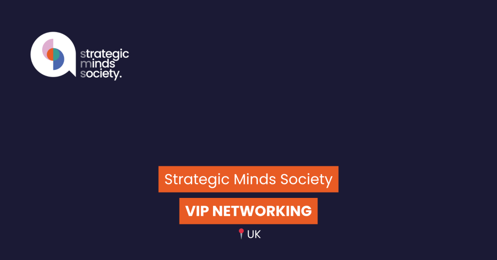 Logo left: circular white speech-bubble emblem with colorful inner shapes and the text 'strategic minds society' beside it on a dark blue background.